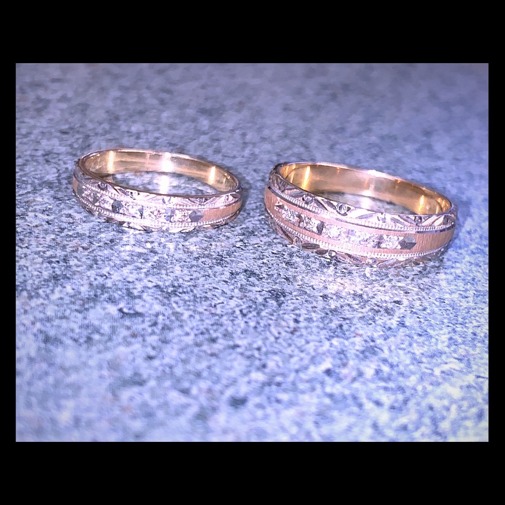 His and hers diamond etched 10k gold rings